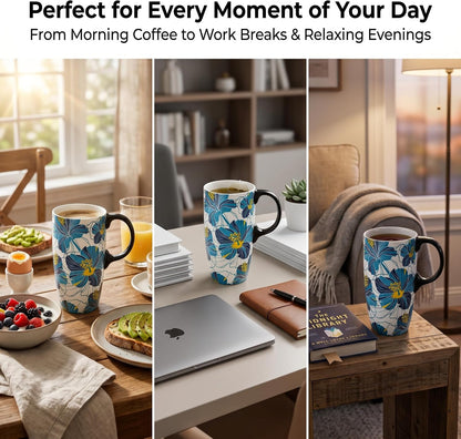 17 oz Ceramic Travel Mug with Lid and Handle | Tall Coffee Mug, Microwave & Dishwasher Safe, Botanical Floral Coffee Cup, Gift Box Included