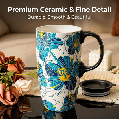 17 oz Ceramic Travel Mug with Lid and Handle | Tall Coffee Mug, Microwave & Dishwasher Safe, Botanical Floral Coffee Cup, Gift Box Included