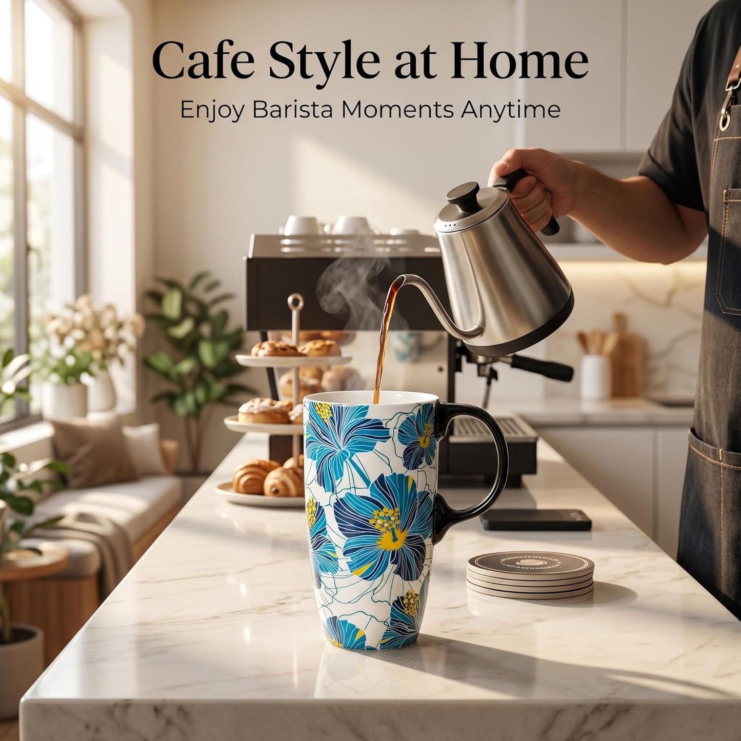 17 oz Ceramic Travel Mug with Lid and Handle | Tall Coffee Mug, Microwave & Dishwasher Safe, Botanical Floral Coffee Cup, Gift Box Included