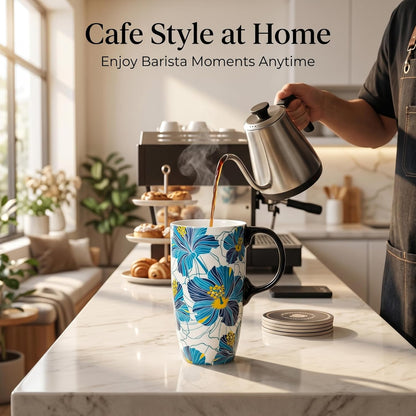 17 oz Ceramic Travel Mug with Lid and Handle | Tall Coffee Mug, Microwave & Dishwasher Safe, Botanical Floral Coffee Cup, Gift Box Included