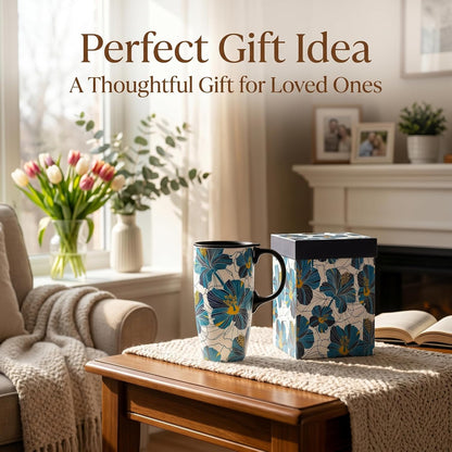 17 oz Ceramic Travel Mug with Lid and Handle | Tall Coffee Mug, Microwave & Dishwasher Safe, Botanical Floral Coffee Cup, Gift Box Included