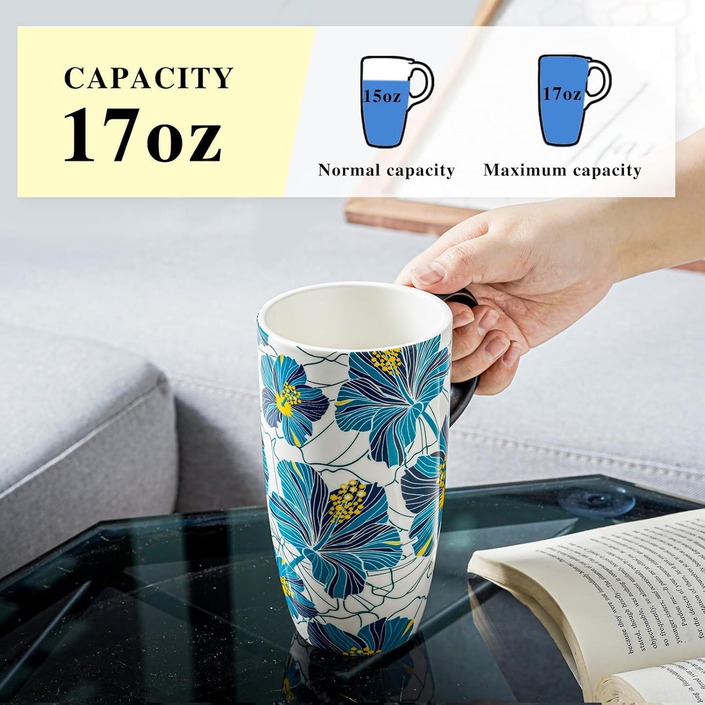 17 oz Ceramic Travel Mug with Lid and Handle | Tall Coffee Mug, Microwave & Dishwasher Safe, Botanical Floral Coffee Cup, Gift Box Included