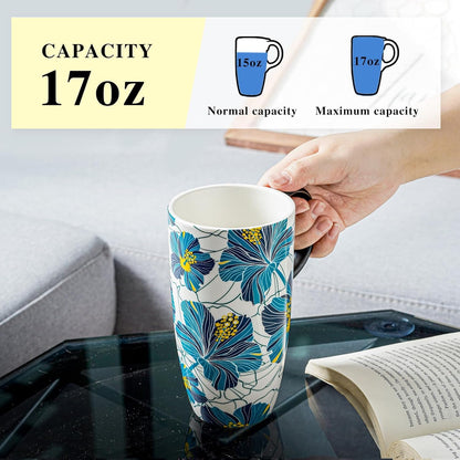 17 oz Ceramic Travel Mug with Lid and Handle | Tall Coffee Mug, Microwave & Dishwasher Safe, Botanical Floral Coffee Cup, Gift Box Included