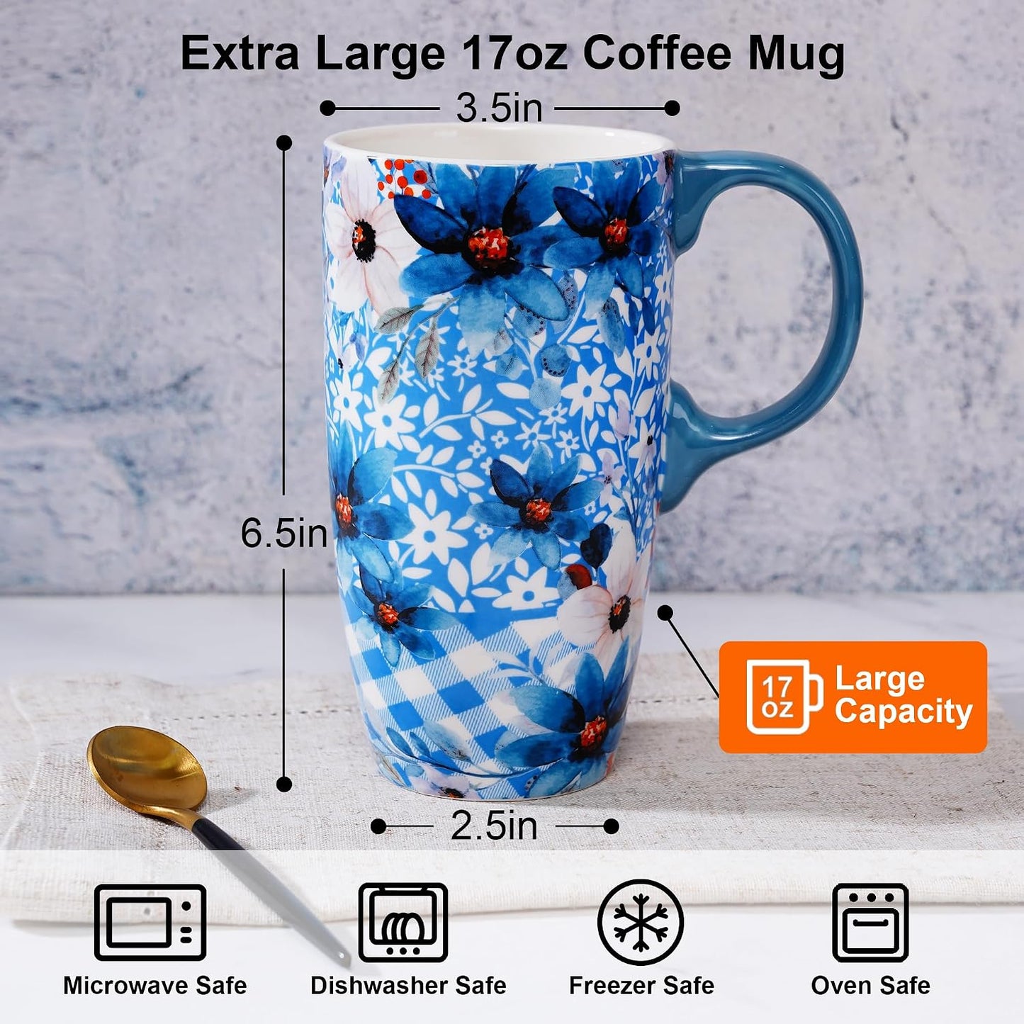 17 oz Ceramic Travel Mug with Lid and Handle | Tall Coffee Mug, Microwave & Dishwasher Safe, Botanical Floral Coffee Cup, Gift Box Included