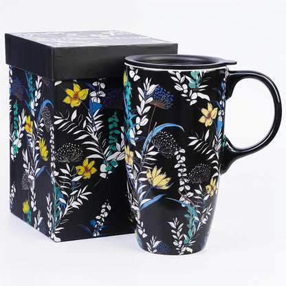 17 oz Ceramic Travel Mug with Lid and Handle | Tall Coffee Mug, Microwave & Dishwasher Safe, Botanical Floral Coffee Cup, Gift Box Included