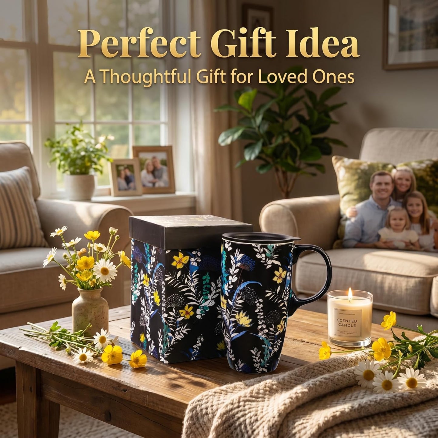 17 oz Ceramic Travel Mug with Lid and Handle | Tall Coffee Mug, Microwave & Dishwasher Safe, Botanical Floral Coffee Cup, Gift Box Included