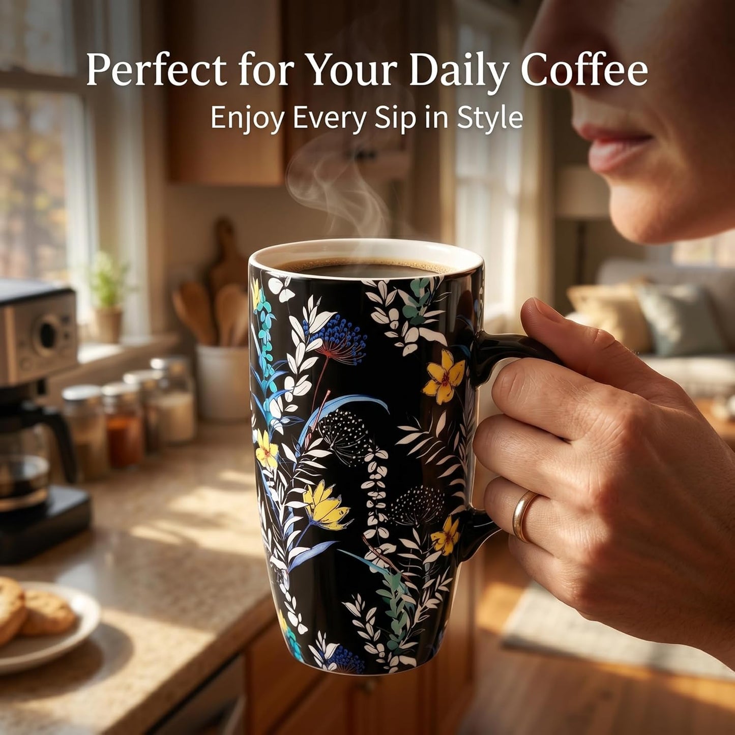 17 oz Ceramic Travel Mug with Lid and Handle | Tall Coffee Mug, Microwave & Dishwasher Safe, Botanical Floral Coffee Cup, Gift Box Included
