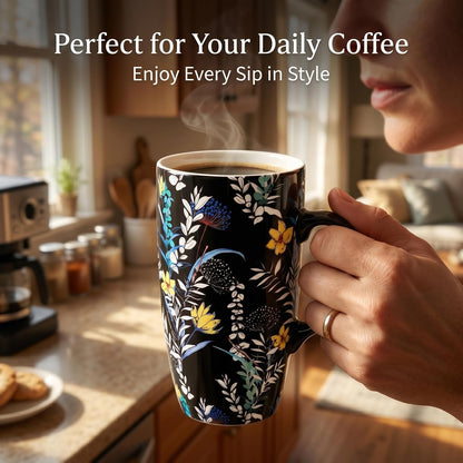 17 oz Ceramic Travel Mug with Lid and Handle | Tall Coffee Mug, Microwave & Dishwasher Safe, Botanical Floral Coffee Cup, Gift Box Included