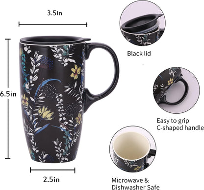 17 oz Ceramic Travel Mug with Lid and Handle | Tall Coffee Mug, Microwave & Dishwasher Safe, Botanical Floral Coffee Cup, Gift Box Included
