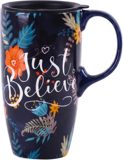 17 oz Ceramic Travel Mug with Lid and Handle | Tall Coffee Mug, Microwave & Dishwasher Safe, Botanical Floral Coffee Cup, Gift Box Included