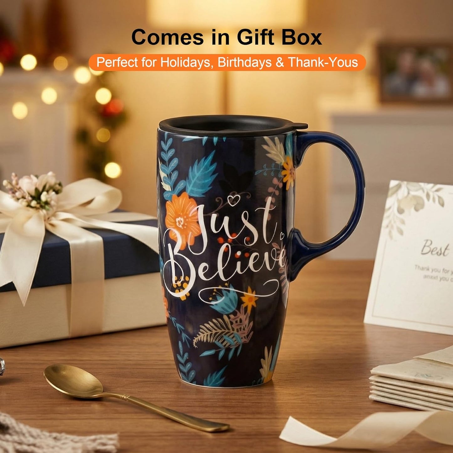 17 oz Ceramic Travel Mug with Lid and Handle | Tall Coffee Mug, Microwave & Dishwasher Safe, Botanical Floral Coffee Cup, Gift Box Included