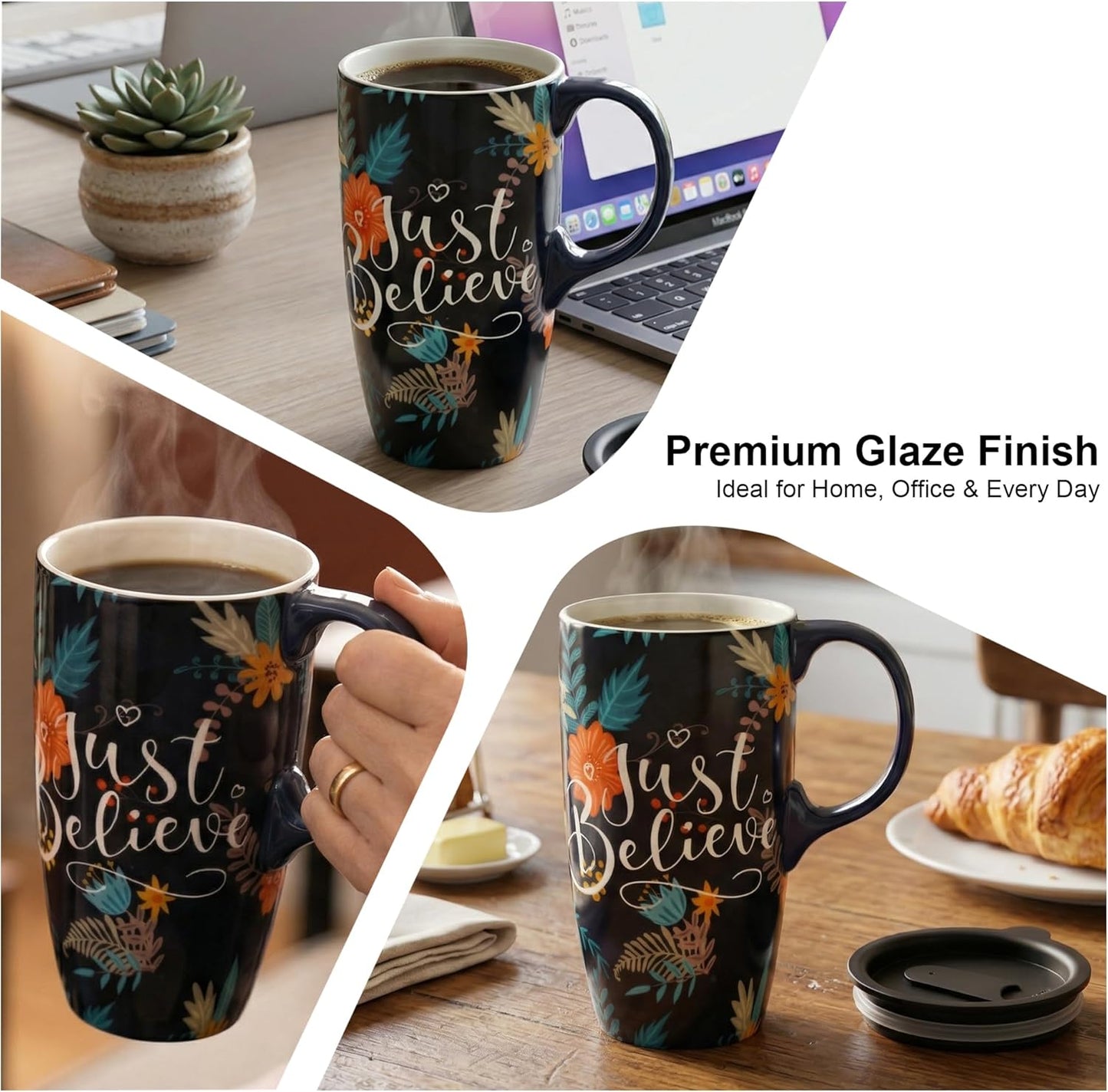 17 oz Ceramic Travel Mug with Lid and Handle | Tall Coffee Mug, Microwave & Dishwasher Safe, Botanical Floral Coffee Cup, Gift Box Included