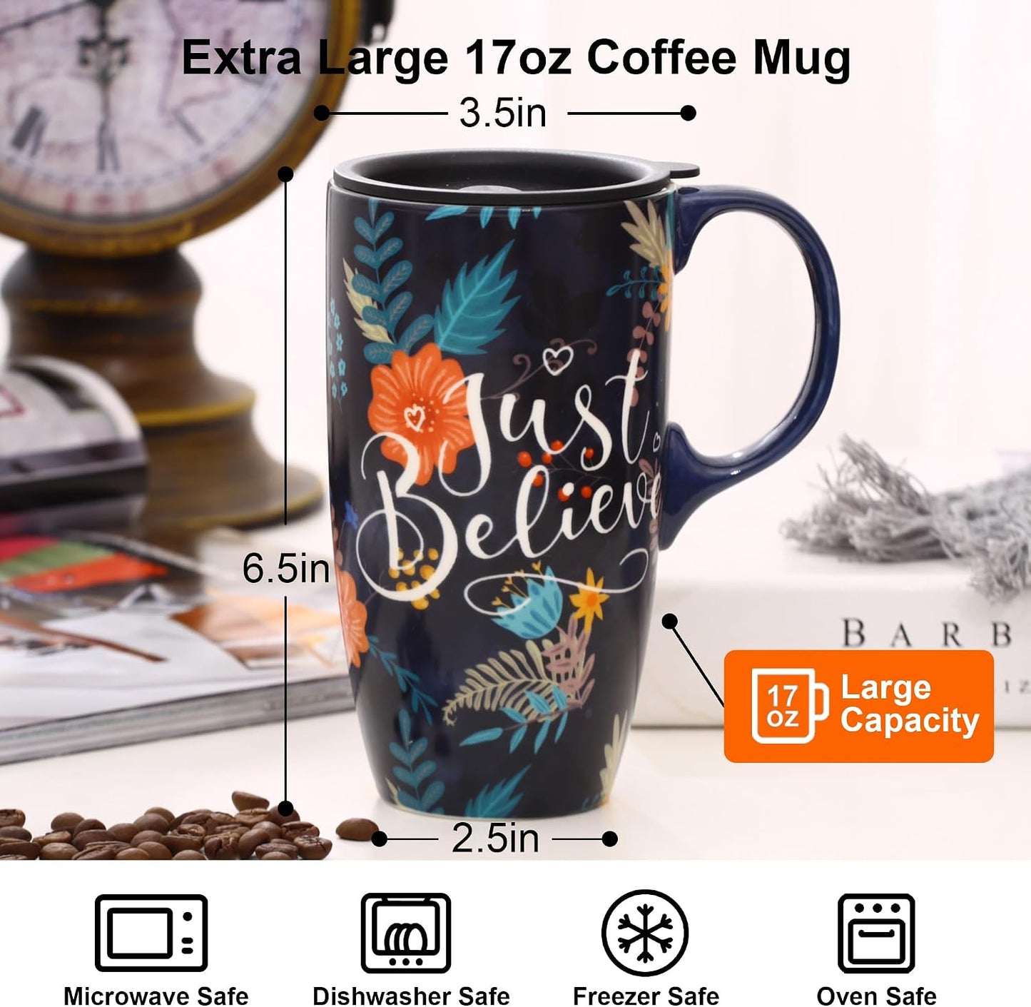 17 oz Ceramic Travel Mug with Lid and Handle | Tall Coffee Mug, Microwave & Dishwasher Safe, Botanical Floral Coffee Cup, Gift Box Included