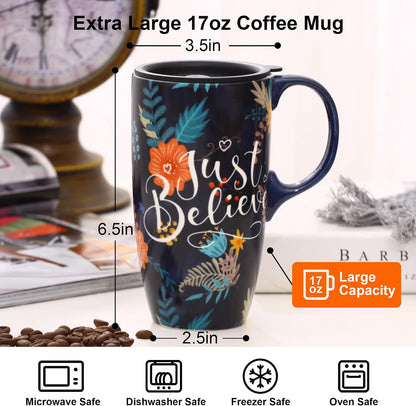 17 oz Ceramic Travel Mug with Lid and Handle | Tall Coffee Mug, Microwave & Dishwasher Safe, Botanical Floral Coffee Cup, Gift Box Included