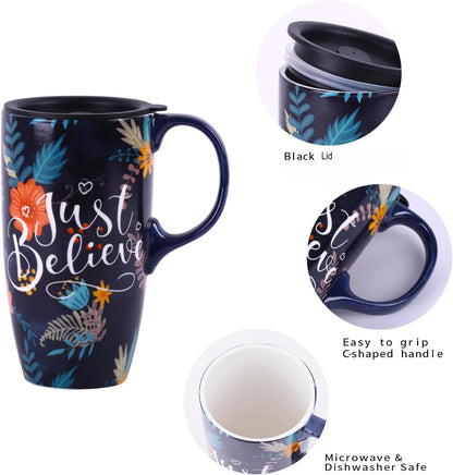 17 oz Ceramic Travel Mug with Lid and Handle | Tall Coffee Mug, Microwave & Dishwasher Safe, Botanical Floral Coffee Cup, Gift Box Included