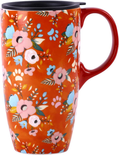 17 oz Ceramic Travel Mug with Lid and Handle | Tall Coffee Mug, Microwave & Dishwasher Safe, Botanical Floral Coffee Cup, Gift Box Included