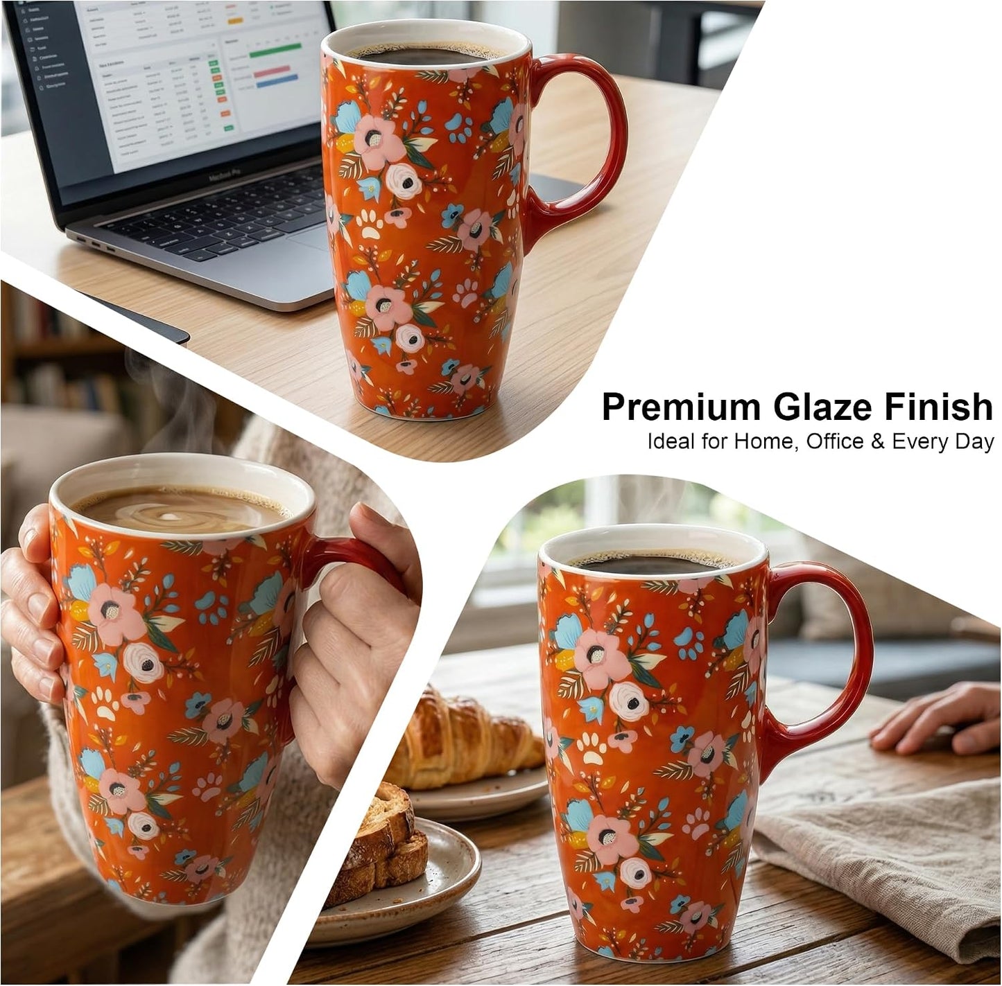 17 oz Ceramic Travel Mug with Lid and Handle | Tall Coffee Mug, Microwave & Dishwasher Safe, Botanical Floral Coffee Cup, Gift Box Included