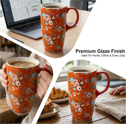 17 oz Ceramic Travel Mug with Lid and Handle | Tall Coffee Mug, Microwave & Dishwasher Safe, Botanical Floral Coffee Cup, Gift Box Included