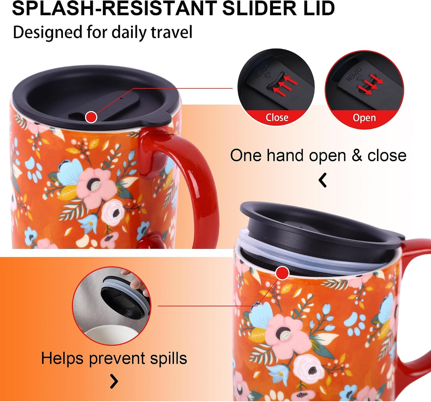 17 oz Ceramic Travel Mug with Lid and Handle | Tall Coffee Mug, Microwave & Dishwasher Safe, Botanical Floral Coffee Cup, Gift Box Included