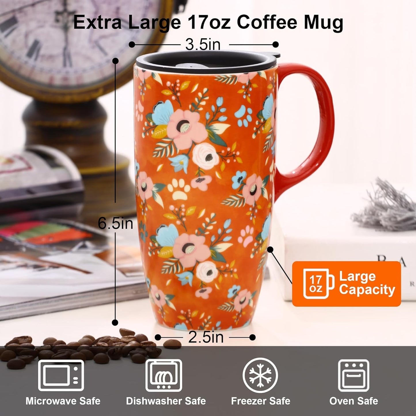 17 oz Ceramic Travel Mug with Lid and Handle | Tall Coffee Mug, Microwave & Dishwasher Safe, Botanical Floral Coffee Cup, Gift Box Included