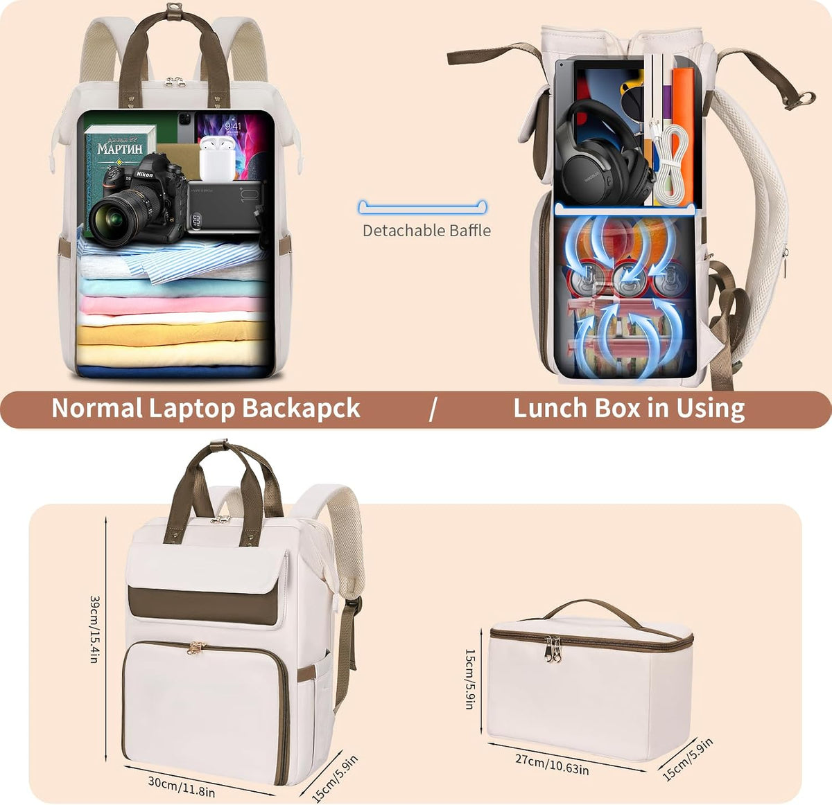 Lunch Backpack for Women, 15.6 Inch Laptop Backpack with Insulated Cooler Lunch box, Nurse Backpack for Teacher Work Travel College Picnic,Black-Grey