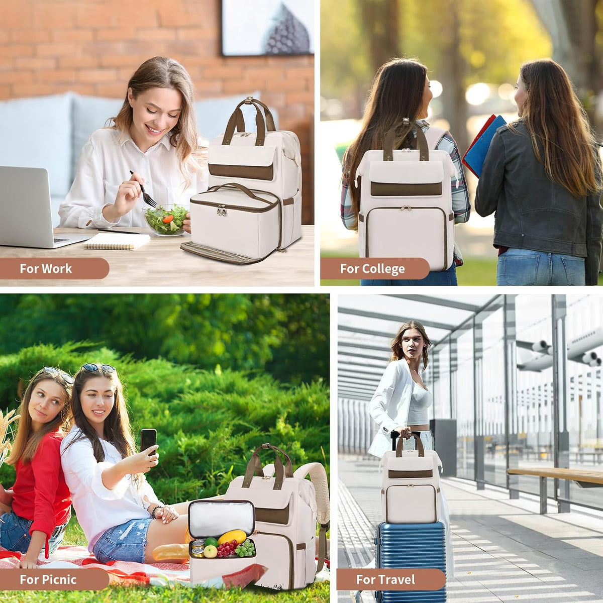 Lunch Backpack for Women, 15.6 Inch Laptop Backpack with Insulated Cooler Lunch box, Nurse Backpack for Teacher Work Travel College Picnic,Black-Grey