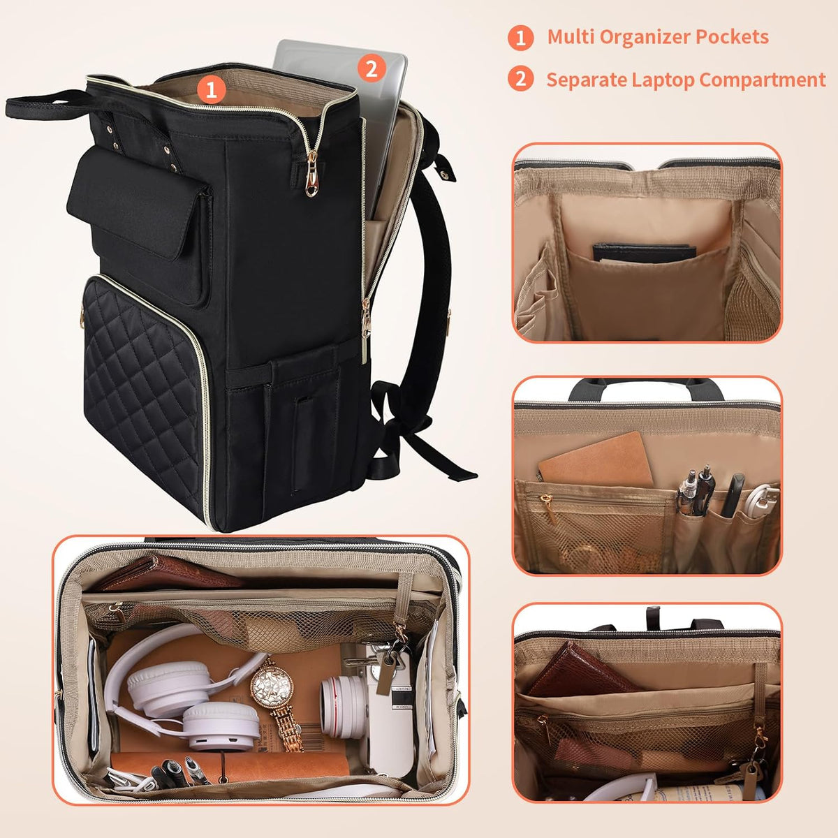 Lunch Backpack for Women, 15.6 Inch Laptop Backpack with Insulated Cooler Lunch box, Nurse Backpack for Teacher Work Travel College Picnic,Black-Grey