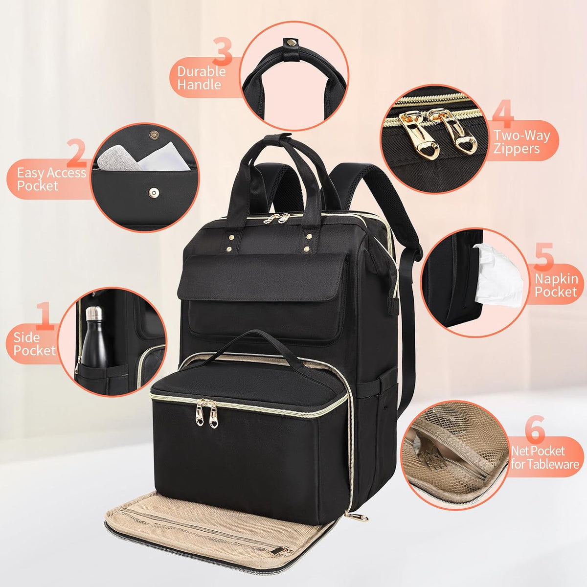 Lunch Backpack for Women, 15.6 Inch Laptop Backpack with Insulated Cooler Lunch box, Nurse Backpack for Teacher Work Travel College Picnic,Black-Grey
