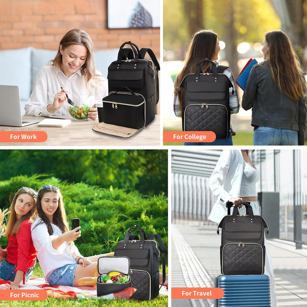 Lunch Backpack for Women, 15.6 Inch Laptop Backpack with Insulated Cooler Lunch box, Nurse Backpack for Teacher Work Travel College Picnic,Black-Grey