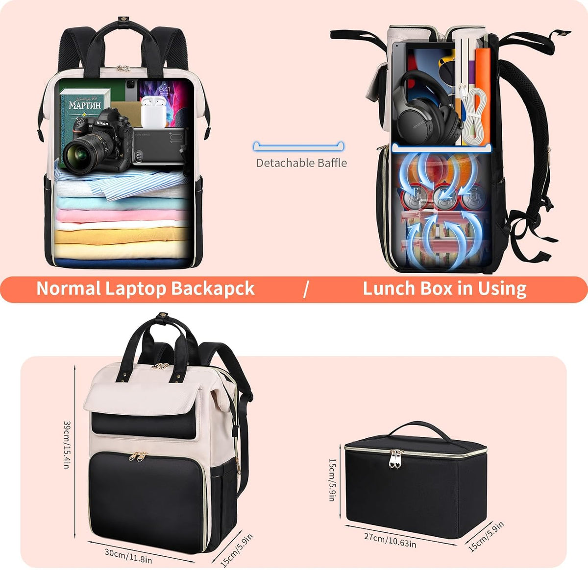 Lunch Backpack for Women, 15.6 Inch Laptop Backpack with Insulated Cooler Lunch box, Nurse Backpack for Teacher Work Travel College Picnic,Black-Grey