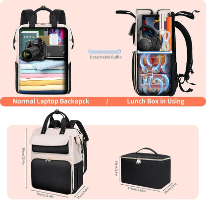 Lunch Backpack for Women, 15.6 Inch Laptop Backpack with Insulated Cooler Lunch box, Nurse Backpack for Teacher Work Travel College Picnic,Black-Grey