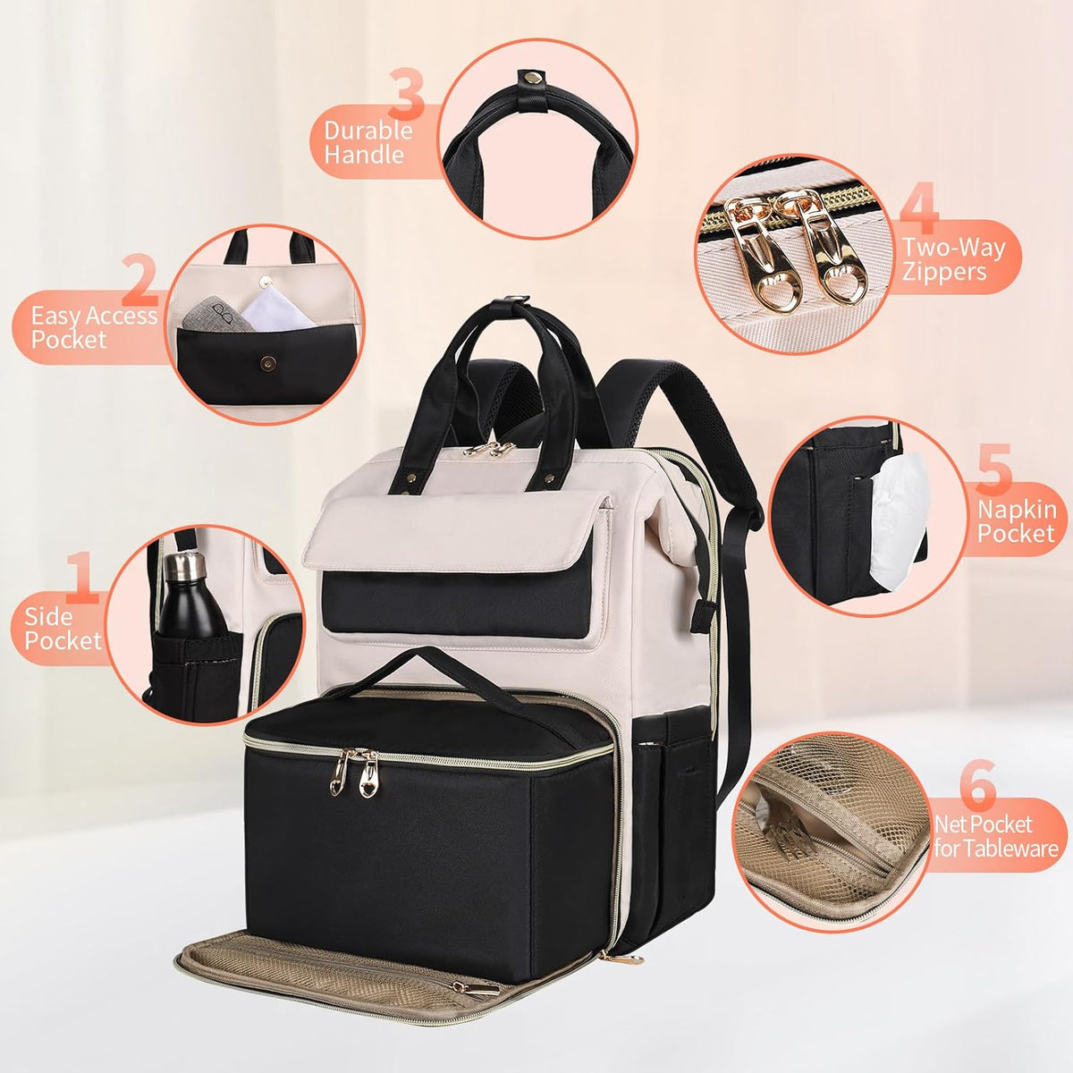 Lunch Backpack for Women, 15.6 Inch Laptop Backpack with Insulated Cooler Lunch box, Nurse Backpack for Teacher Work Travel College Picnic,Black-Grey