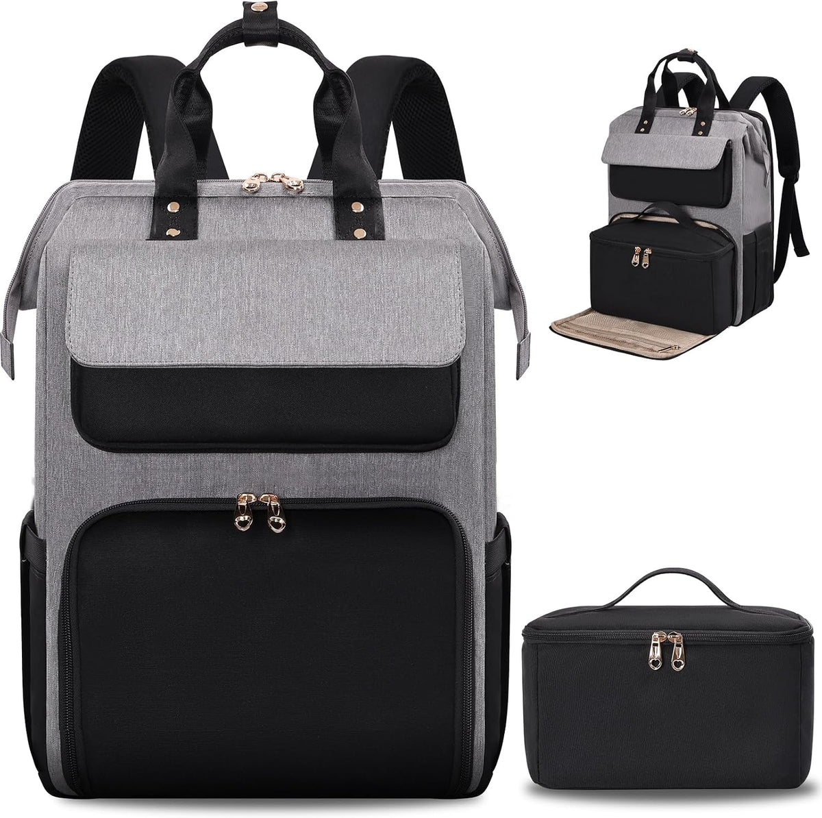 Lunch Backpack for Women, 15.6 Inch Laptop Backpack with Insulated Cooler Lunch box, Nurse Backpack for Teacher Work Travel College Picnic,Black-Grey