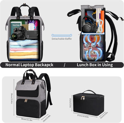 Lunch Backpack for Women, 15.6 Inch Laptop Backpack with Insulated Cooler Lunch box, Nurse Backpack for Teacher Work Travel College Picnic,Black-Grey