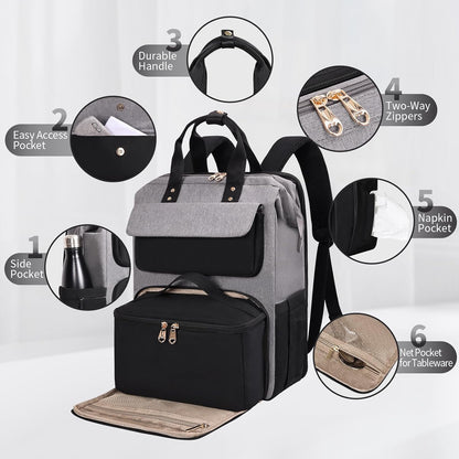 Lunch Backpack for Women, 15.6 Inch Laptop Backpack with Insulated Cooler Lunch box, Nurse Backpack for Teacher Work Travel College Picnic,Black-Grey