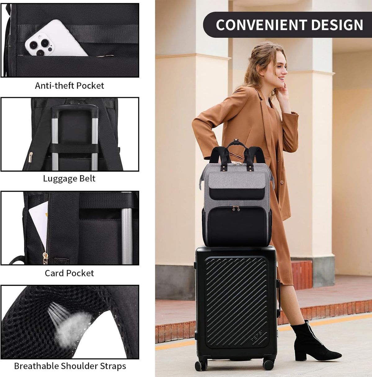 Lunch Backpack for Women, 15.6 Inch Laptop Backpack with Insulated Cooler Lunch box, Nurse Backpack for Teacher Work Travel College Picnic,Black-Grey