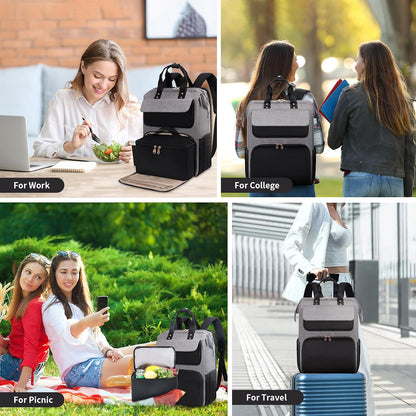 Lunch Backpack for Women, 15.6 Inch Laptop Backpack with Insulated Cooler Lunch box, Nurse Backpack for Teacher Work Travel College Picnic,Black-Grey