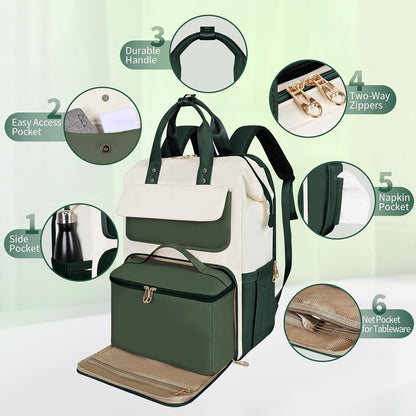 Lunch Backpack for Women, 15.6 Inch Laptop Backpack with Insulated Cooler Lunch box, Nurse Backpack for Teacher Work Travel College Picnic,Black-Grey