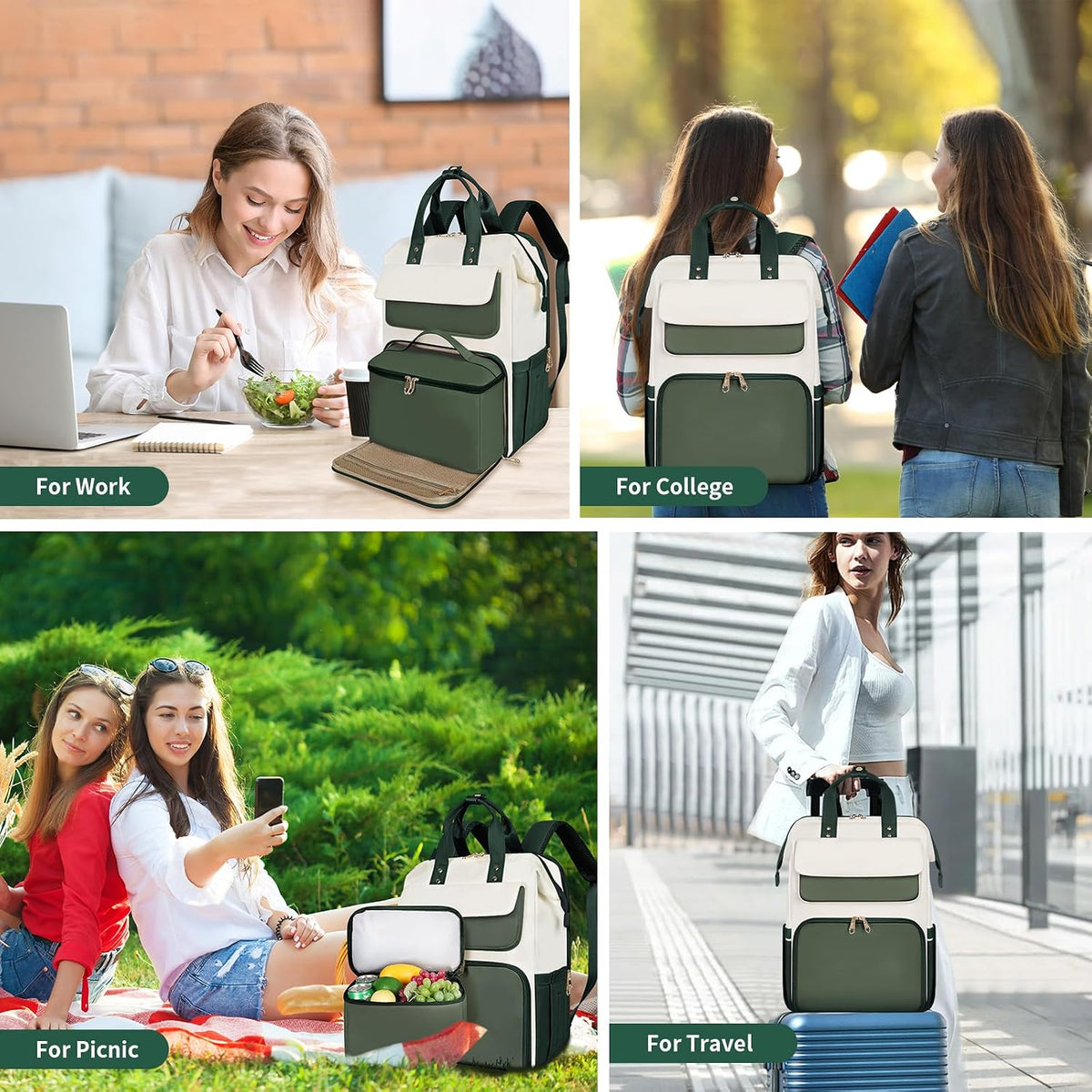 Lunch Backpack for Women, 15.6 Inch Laptop Backpack with Insulated Cooler Lunch box, Nurse Backpack for Teacher Work Travel College Picnic,Black-Grey