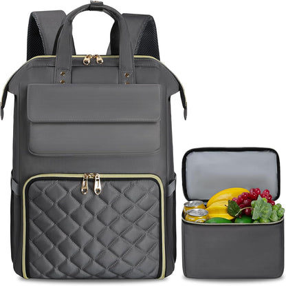 Lunch Backpack for Women, 15.6 Inch Laptop Backpack with Insulated Cooler Lunch box, Nurse Backpack for Teacher Work Travel College Picnic,Black-Grey