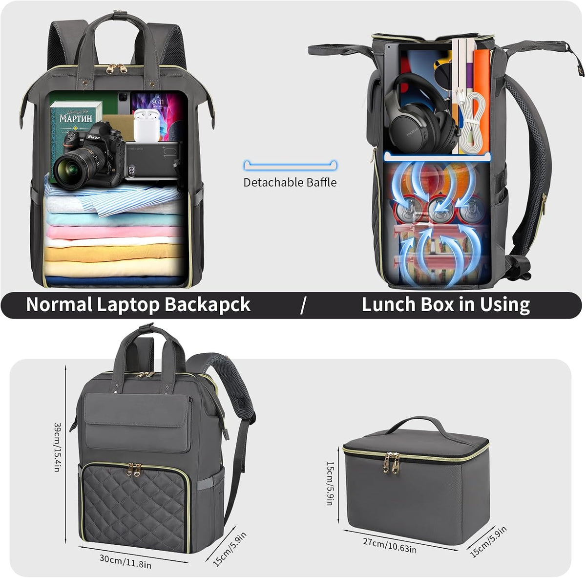 Lunch Backpack for Women, 15.6 Inch Laptop Backpack with Insulated Cooler Lunch box, Nurse Backpack for Teacher Work Travel College Picnic,Black-Grey