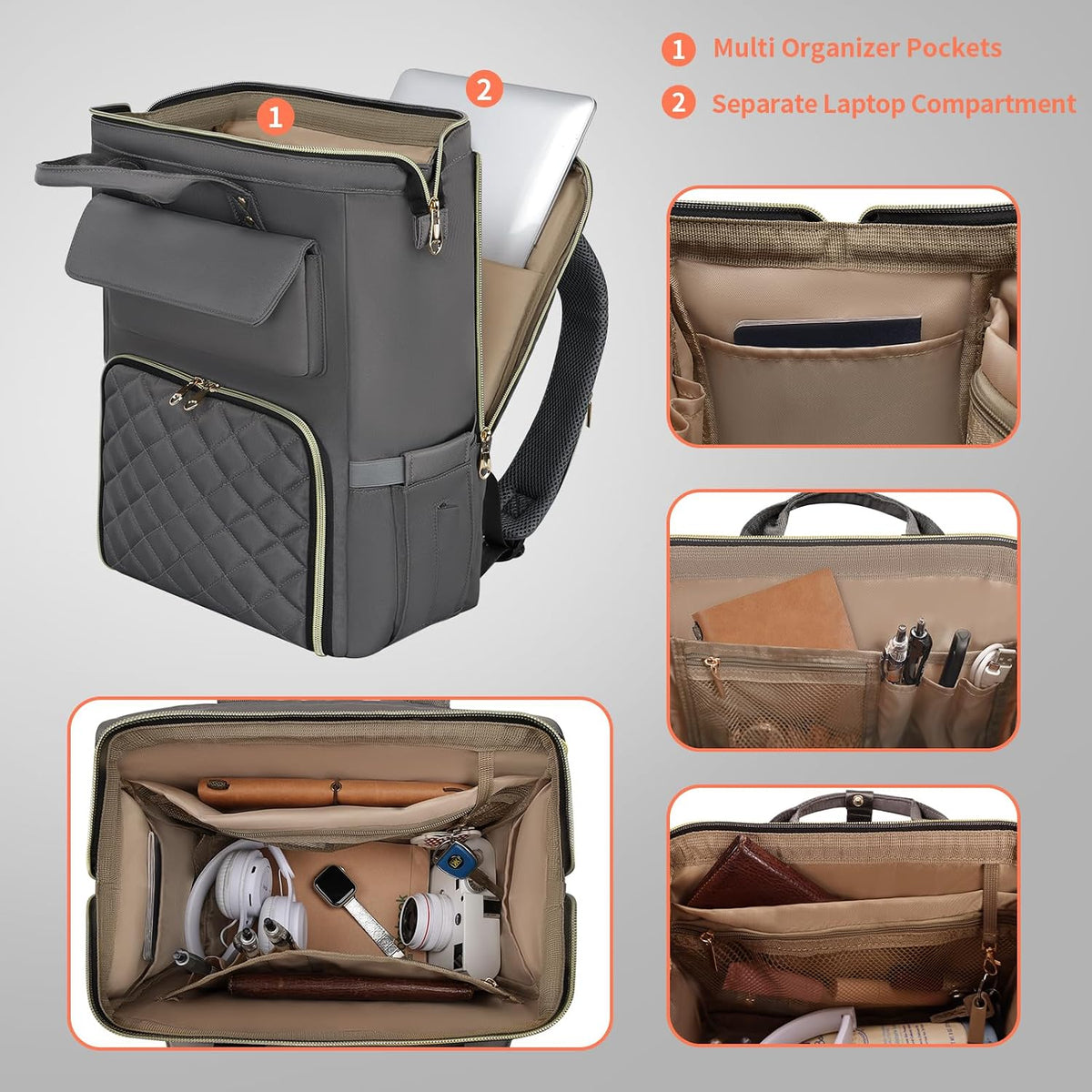 Lunch Backpack for Women, 15.6 Inch Laptop Backpack with Insulated Cooler Lunch box, Nurse Backpack for Teacher Work Travel College Picnic,Black-Grey