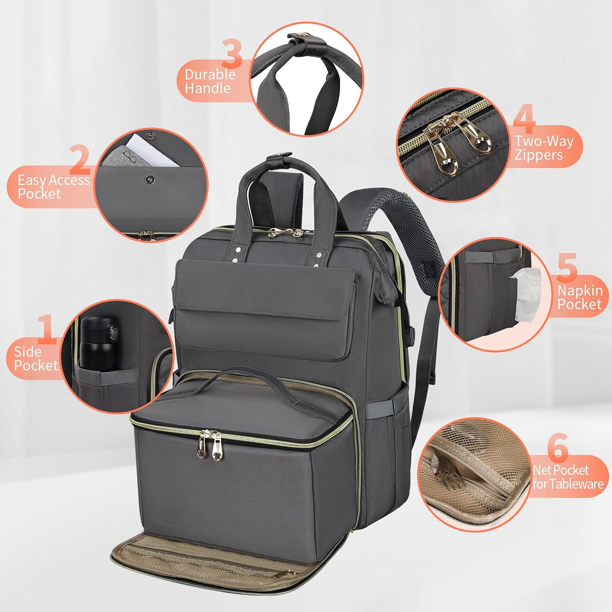 Lunch Backpack for Women, 15.6 Inch Laptop Backpack with Insulated Cooler Lunch box, Nurse Backpack for Teacher Work Travel College Picnic,Black-Grey