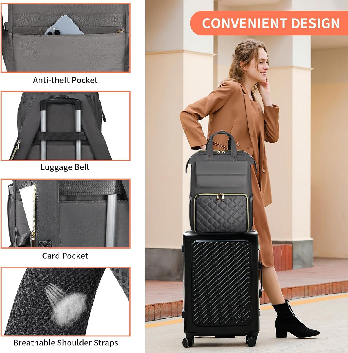 Lunch Backpack for Women, 15.6 Inch Laptop Backpack with Insulated Cooler Lunch box, Nurse Backpack for Teacher Work Travel College Picnic,Black-Grey