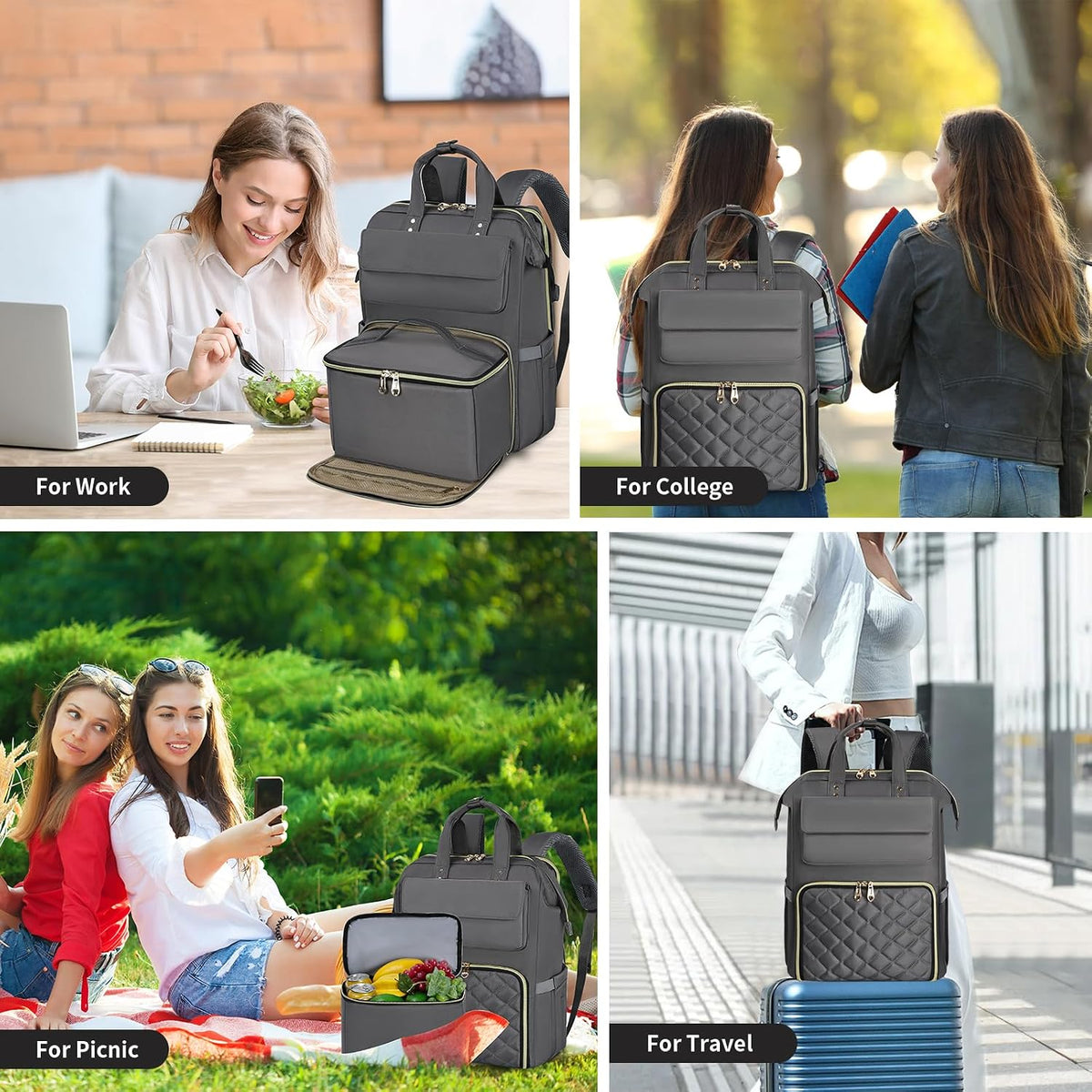 Lunch Backpack for Women, 15.6 Inch Laptop Backpack with Insulated Cooler Lunch box, Nurse Backpack for Teacher Work Travel College Picnic,Black-Grey