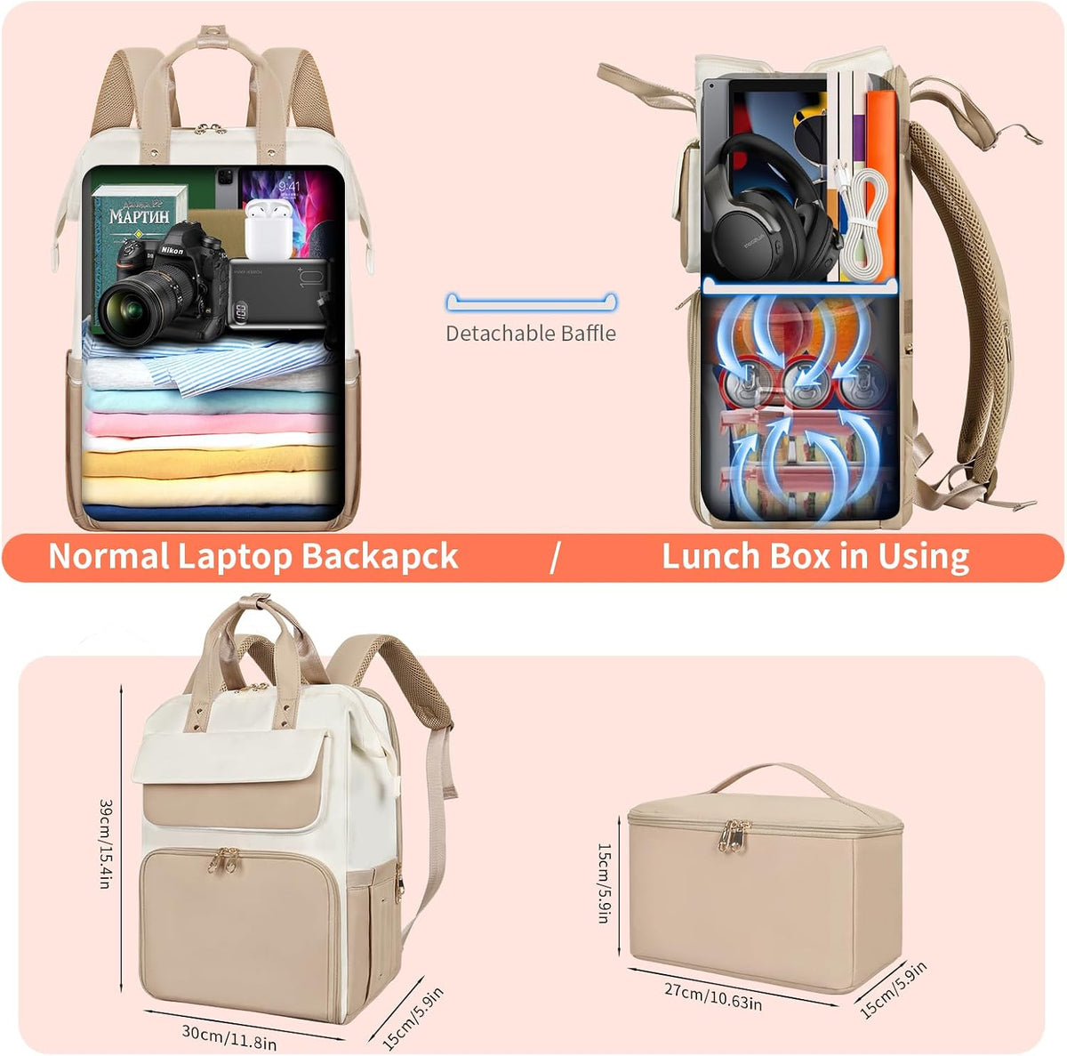 Lunch Backpack for Women, 15.6 Inch Laptop Backpack with Insulated Cooler Lunch box, Nurse Backpack for Teacher Work Travel College Picnic,Black-Grey