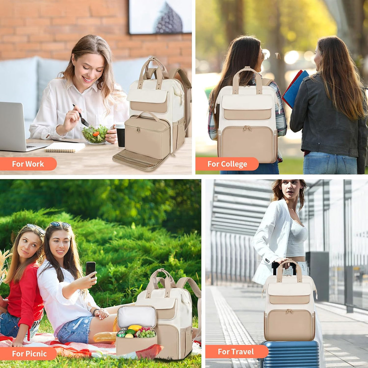 Lunch Backpack for Women, 15.6 Inch Laptop Backpack with Insulated Cooler Lunch box, Nurse Backpack for Teacher Work Travel College Picnic,Black-Grey