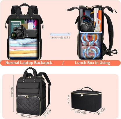 Lunch Backpack for Women, 15.6 Inch Laptop Backpack with Insulated Cooler Lunch box, Nurse Backpack for Teacher Work Travel College Picnic,Black-Grey