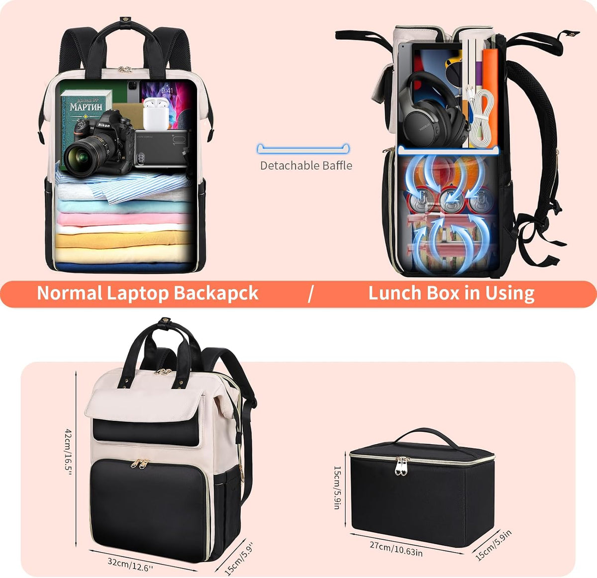 Lunch Backpack for Women, 15.6 Inch Laptop Backpack with Insulated Cooler Lunch box, Nurse Backpack for Teacher Work Travel College Picnic,Black-Grey