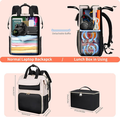 Lunch Backpack for Women, 15.6 Inch Laptop Backpack with Insulated Cooler Lunch box, Nurse Backpack for Teacher Work Travel College Picnic,Black-Grey